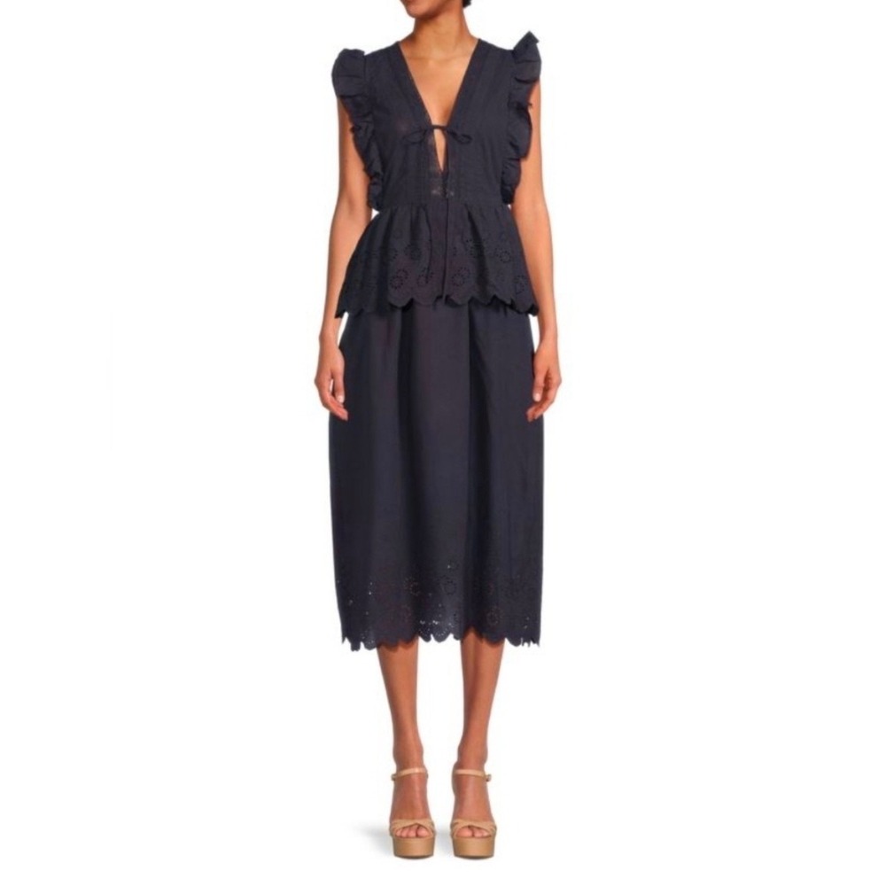 En Saison Navy Blue Eyelet Peplum Ruffle Midi Dress Women Size S‎